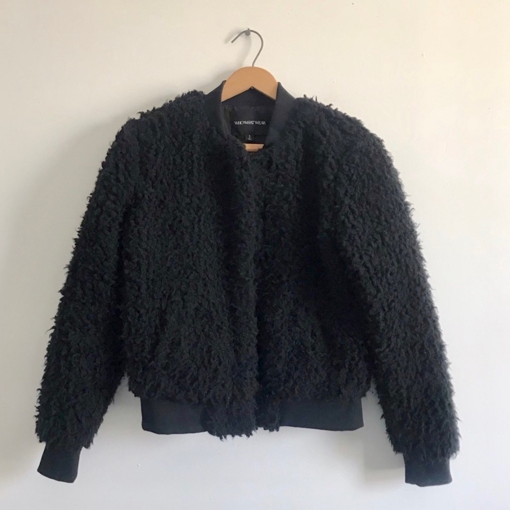 Faux fur fuzzy black bomber jacket